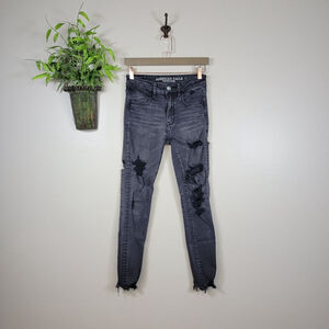 American Eagle Jeans Hi Rise Jegging Distressed Skinny Black Ripped Chewed AE 2